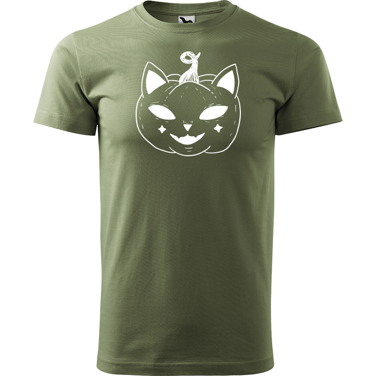 Ručně malované pánské triko Heavy New - Halloween kočka - Dýně Velikost trička: XS, Barva trička: KHAKI, Barva motivu: BÍLÁ