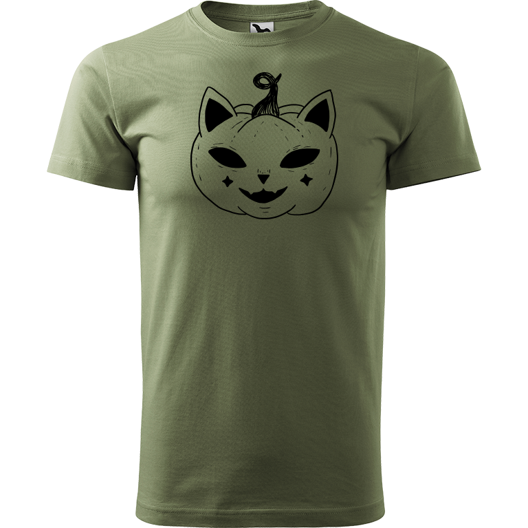 Ručně malované pánské triko Heavy New - Halloween kočka - Dýně Velikost trička: XS, Barva trička: KHAKI, Barva motivu: ČERNÁ