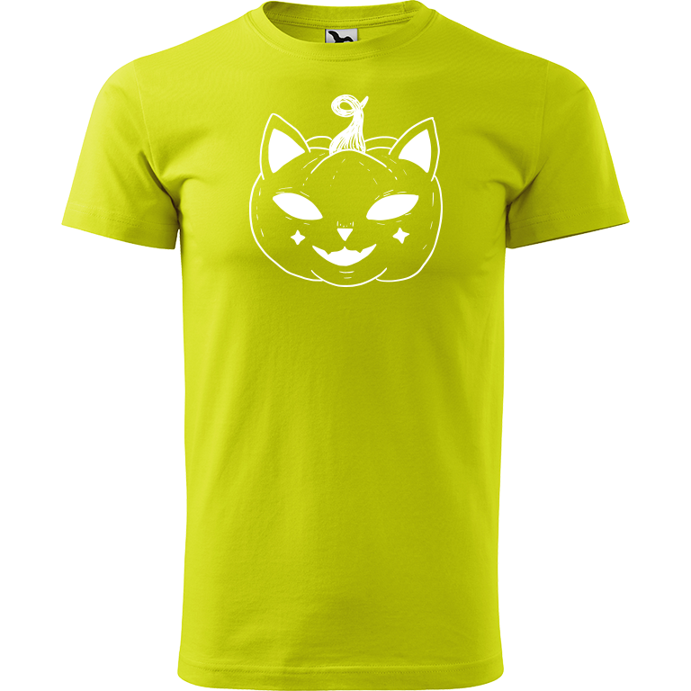 Ručně malované pánské triko Heavy New - Halloween kočka - Dýně Velikost trička: XL, Barva trička: LIMETKOVÁ, Barva motivu: BÍLÁ