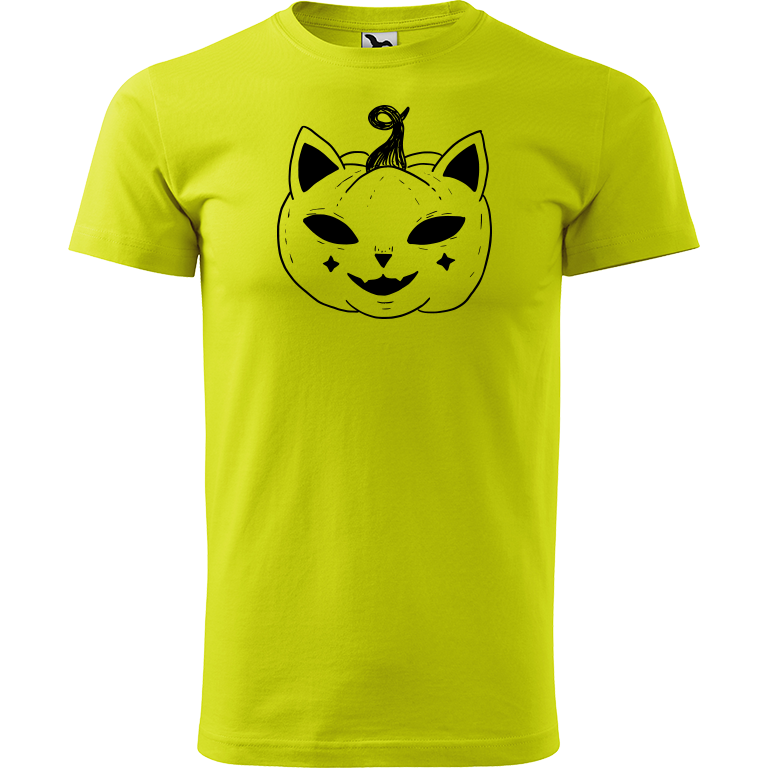Ručně malované pánské triko Heavy New - Halloween kočka - Dýně Velikost trička: XL, Barva trička: LIMETKOVÁ, Barva motivu: ČERNÁ