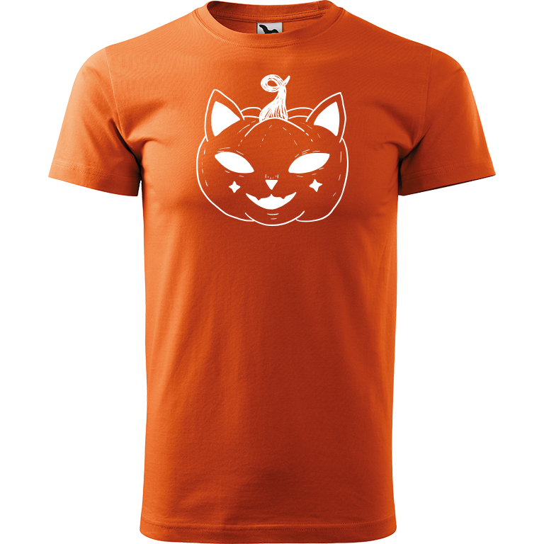 Ručně malované pánské triko Heavy New - Halloween kočka - Dýně Velikost trička: XS, Barva trička: ORANŽOVÁ, Barva motivu: BÍLÁ