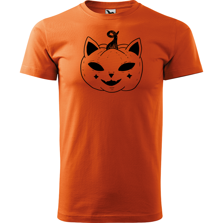 Ručně malované pánské triko Heavy New - Halloween kočka - Dýně Velikost trička: XS, Barva trička: ORANŽOVÁ, Barva motivu: ČERNÁ