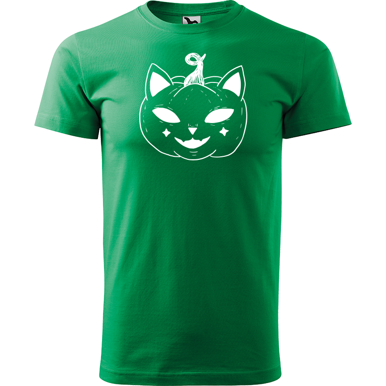 Ručně malované pánské triko Heavy New - Halloween kočka - Dýně Velikost trička: L, Barva trička: STŘEDNĚ ZELENÁ, Barva motivu: BÍLÁ