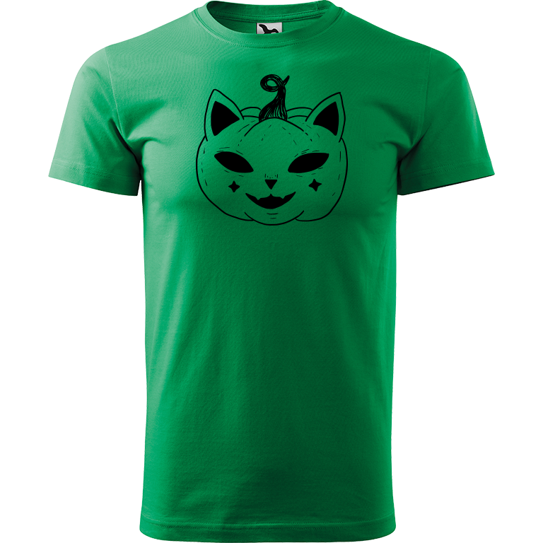 Ručně malované pánské triko Heavy New - Halloween kočka - Dýně Velikost trička: S, Barva trička: STŘEDNĚ ZELENÁ, Barva motivu: ČERNÁ