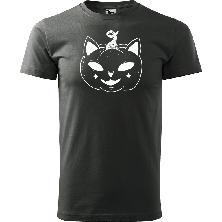 Ručně malované pánské triko Heavy New - Halloween kočka - Dýně Velikost trička: XXL, Barva trička: TMAVÁ BŘIDLICE, Barva motivu: BÍLÁ