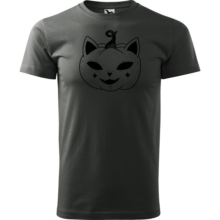 Ručně malované pánské triko Heavy New - Halloween kočka - Dýně Velikost trička: XXL, Barva trička: TMAVÁ BŘIDLICE, Barva motivu: ČERNÁ
