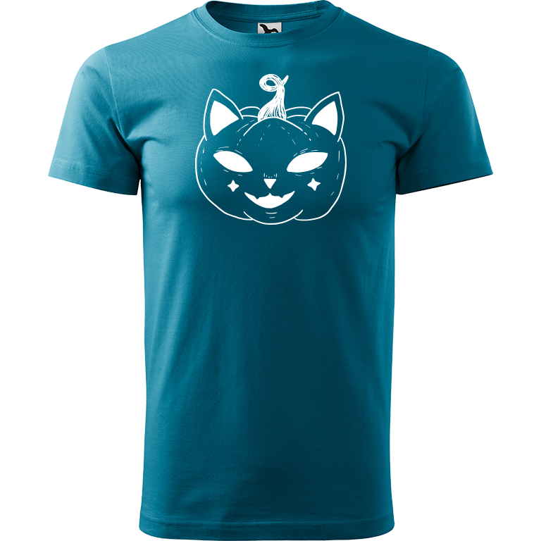 Ručně malované pánské triko Heavy New - Halloween kočka - Dýně Velikost trička: XXL, Barva trička: TMAVĚ TYRKYSOVÁ, Barva motivu: BÍLÁ