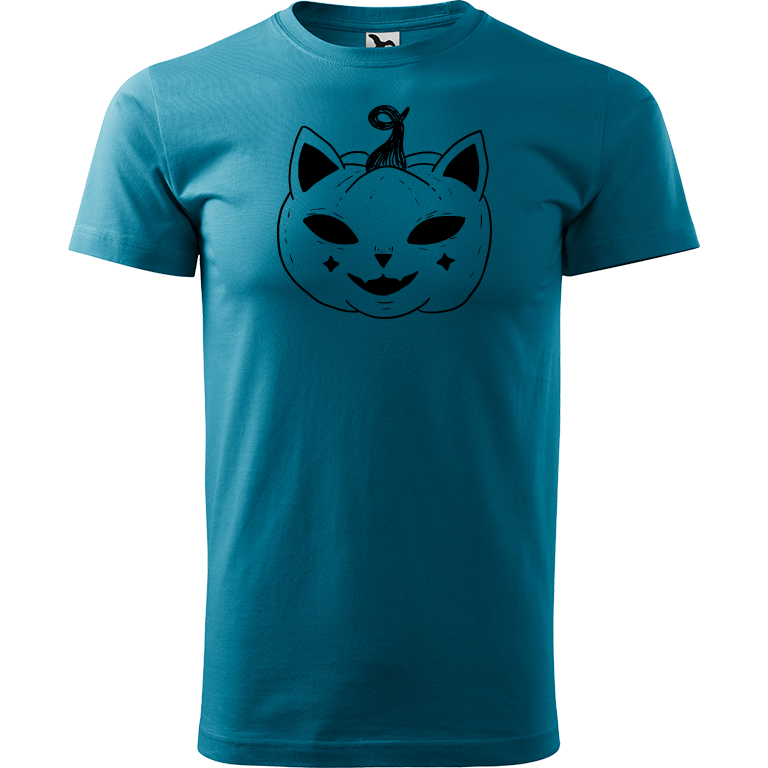 Ručně malované pánské triko Heavy New - Halloween kočka - Dýně Velikost trička: XXL, Barva trička: TMAVĚ TYRKYSOVÁ, Barva motivu: ČERNÁ