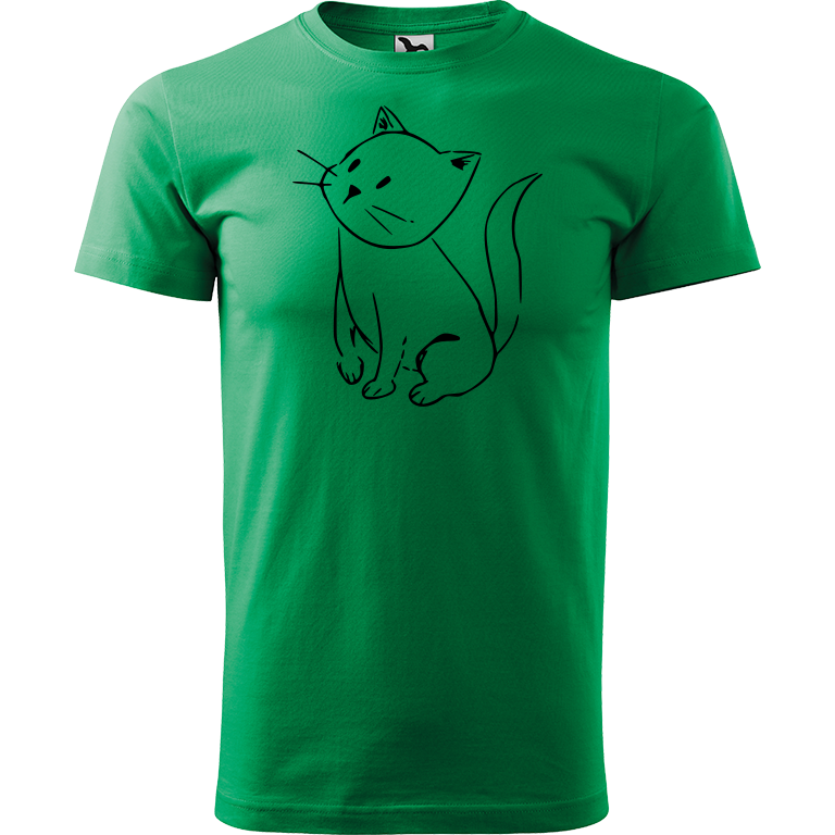 Ručně malované pánské triko Heavy New - Kotě Velikost trička: L, Barva trička: STŘEDNĚ ZELENÁ, Barva motivu: ČERNÁ
