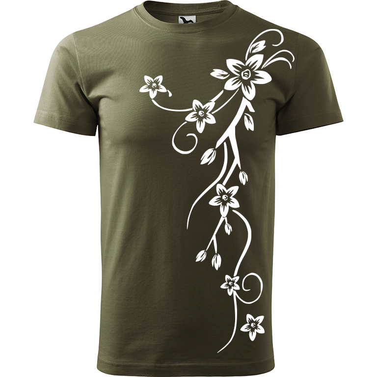 Ručně malované pánské triko Heavy New - Květiny Velikost trička: L, Barva trička: ARMY, Barva motivu: BÍLÁ