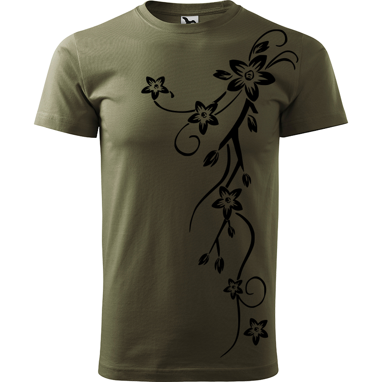Ručně malované pánské triko Heavy New - Květiny Velikost trička: M, Barva trička: ARMY, Barva motivu: ČERNÁ