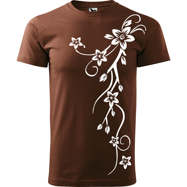 Ručně malované pánské triko Heavy New - Květiny Velikost trička: M, Barva trička: ČOKOLÁDOVÁ, Barva motivu: BÍLÁ
