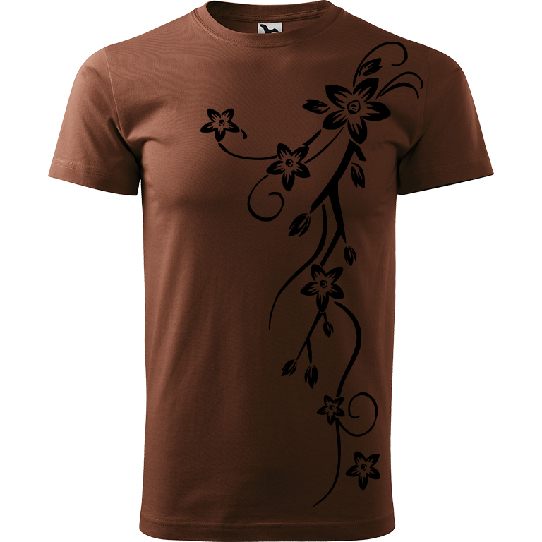 Ručně malované pánské triko Heavy New - Květiny Velikost trička: M, Barva trička: ČOKOLÁDOVÁ, Barva motivu: ČERNÁ