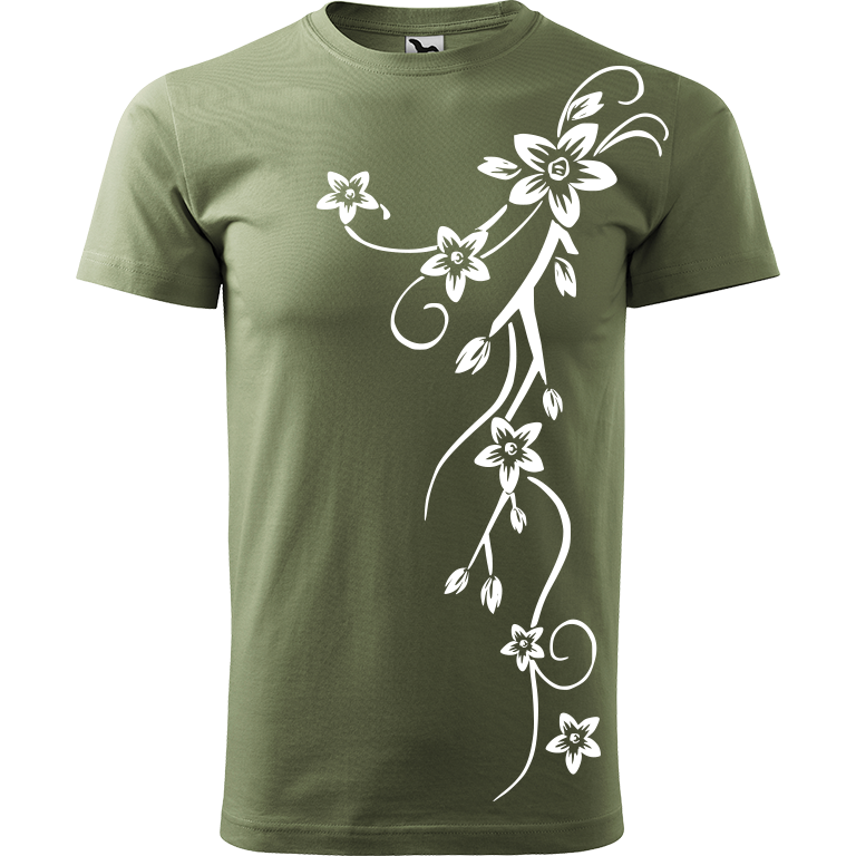 Ručně malované pánské triko Heavy New - Květiny Velikost trička: M, Barva trička: KHAKI, Barva motivu: BÍLÁ