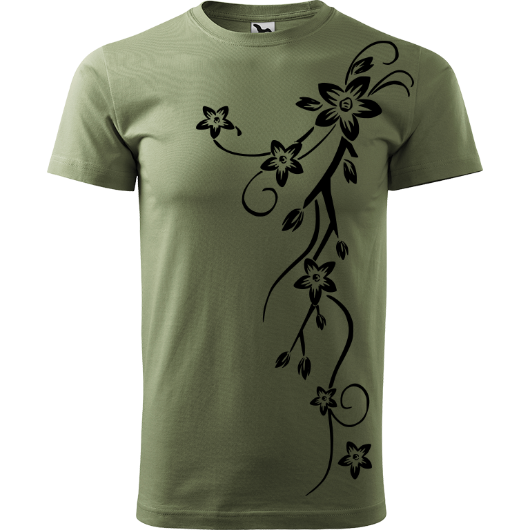 Ručně malované pánské triko Heavy New - Květiny Velikost trička: XS, Barva trička: KHAKI, Barva motivu: ČERNÁ