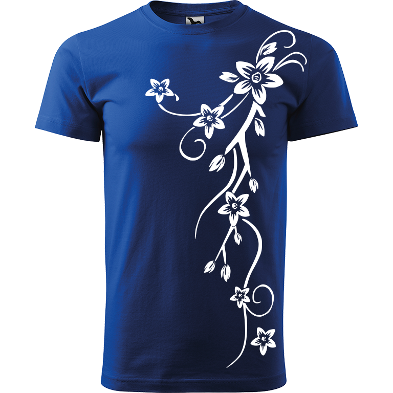 Ručně malované pánské triko Heavy New - Květiny Velikost trička: XL, Barva trička: MODRÁ, Barva motivu: BÍLÁ