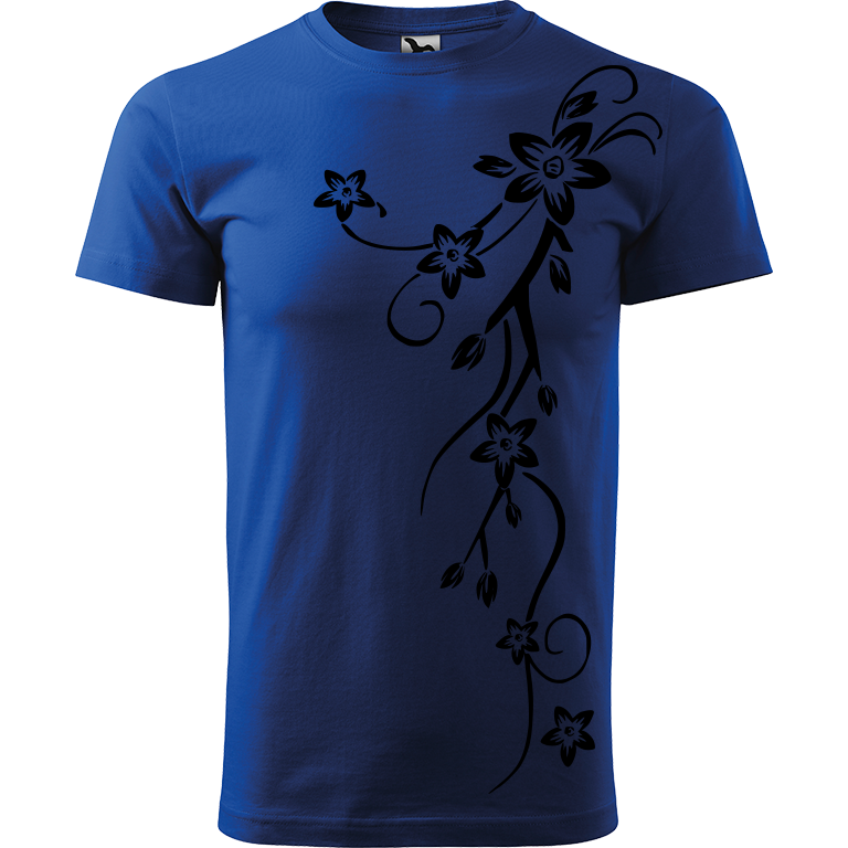 Ručně malované pánské triko Heavy New - Květiny Velikost trička: M, Barva trička: MODRÁ, Barva motivu: ČERNÁ
