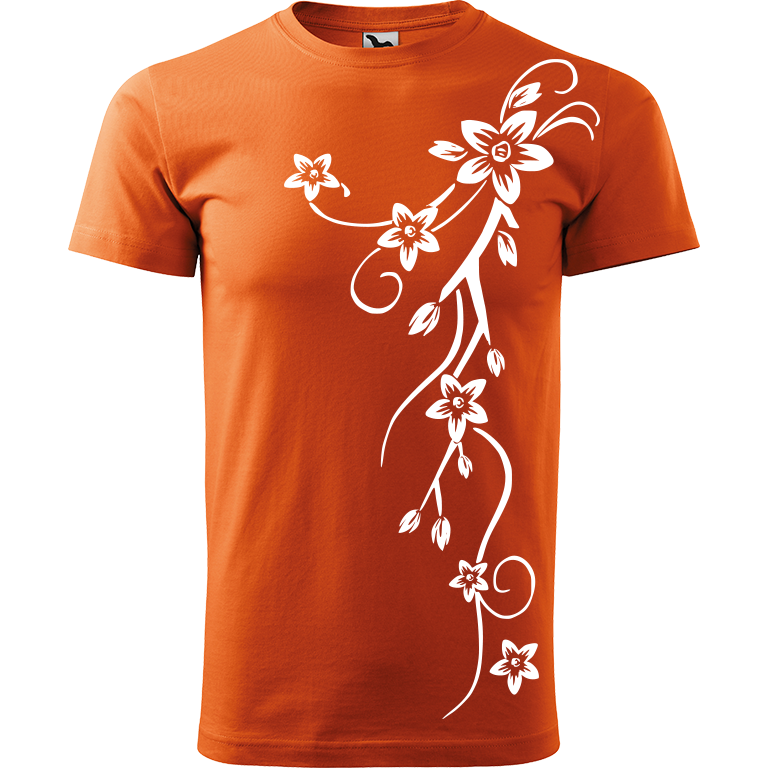 Ručně malované pánské triko Heavy New - Květiny Velikost trička: XS, Barva trička: ORANŽOVÁ, Barva motivu: BÍLÁ