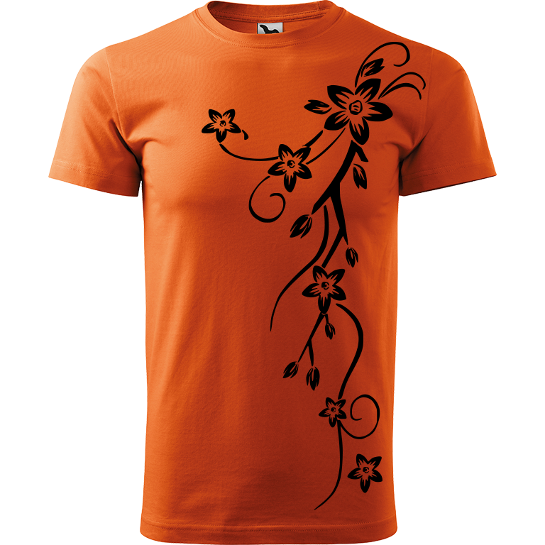 Ručně malované pánské triko Heavy New - Květiny Velikost trička: XS, Barva trička: ORANŽOVÁ, Barva motivu: ČERNÁ