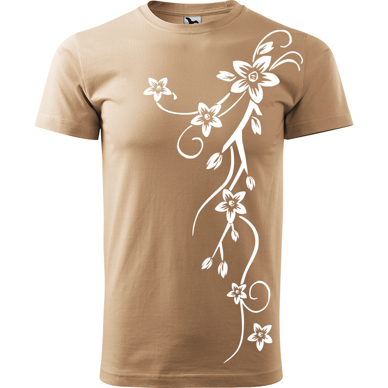 Ručně malované pánské triko Heavy New - Květiny Velikost trička: M, Barva trička: PÍSKOVÁ, Barva motivu: BÍLÁ