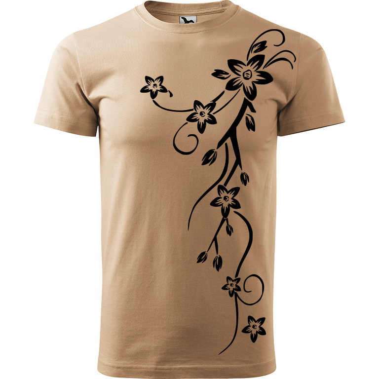 Ručně malované pánské triko Heavy New - Květiny Velikost trička: M, Barva trička: PÍSKOVÁ, Barva motivu: ČERNÁ