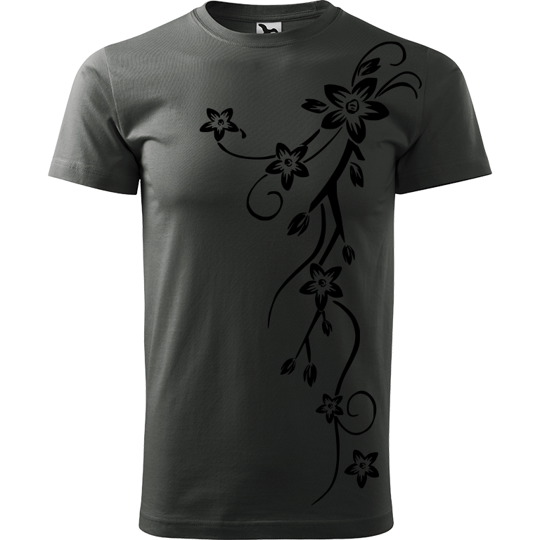 Ručně malované pánské triko Heavy New - Květiny Velikost trička: XXL, Barva trička: TMAVÁ BŘIDLICE, Barva motivu: ČERNÁ
