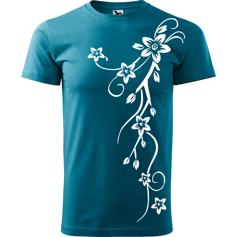 Ručně malované pánské triko Heavy New - Květiny Velikost trička: XXL, Barva trička: TMAVĚ TYRKYSOVÁ, Barva motivu: BÍLÁ