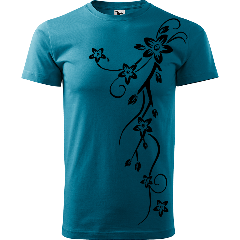 Ručně malované pánské triko Heavy New - Květiny Velikost trička: XXL, Barva trička: TMAVĚ TYRKYSOVÁ, Barva motivu: ČERNÁ