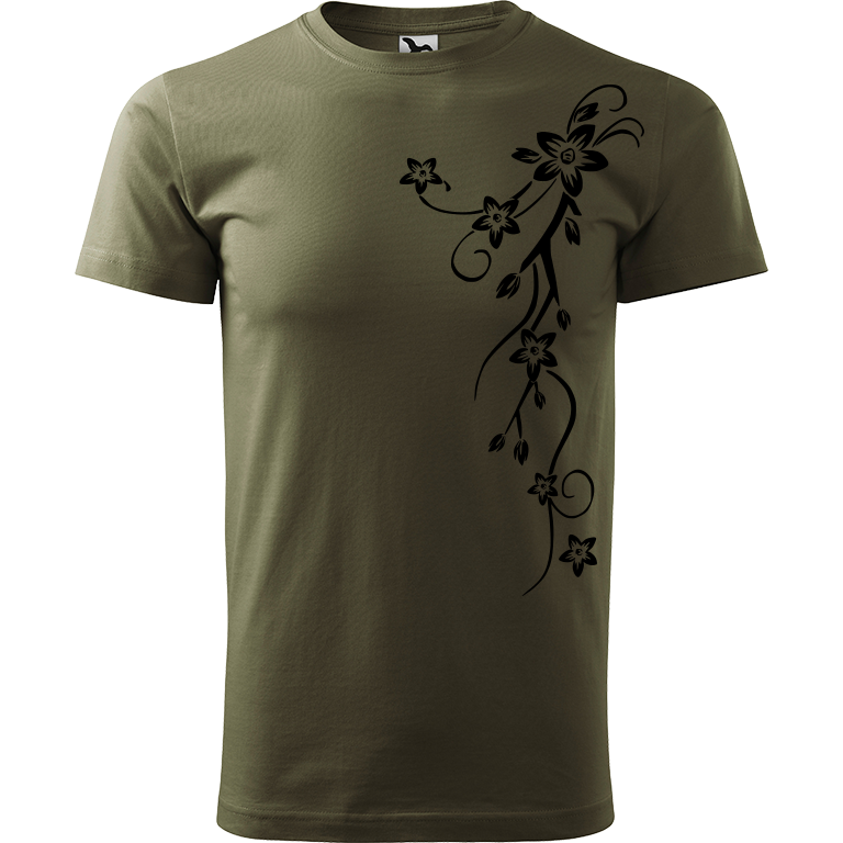 Ručně malované pánské triko Heavy New - Květiny - Menší Velikost trička: S, Barva trička: ARMY, Barva motivu: ČERNÁ