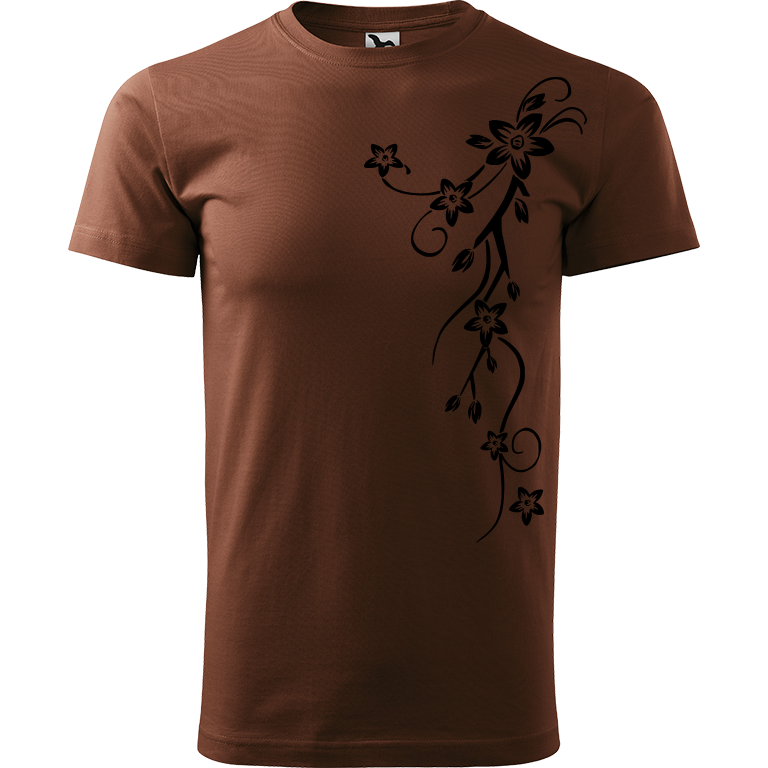 Ručně malované pánské triko Heavy New - Květiny - Menší Velikost trička: S, Barva trička: ČOKOLÁDOVÁ, Barva motivu: ČERNÁ