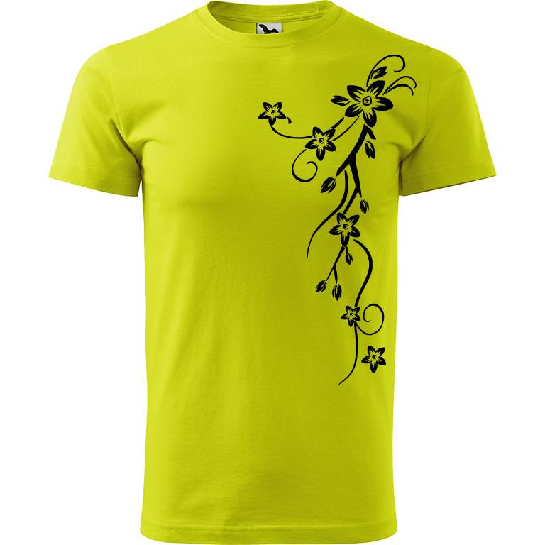 Ručně malované pánské triko Heavy New - Květiny - Menší Velikost trička: XXL, Barva trička: LIMETKOVÁ, Barva motivu: ČERNÁ