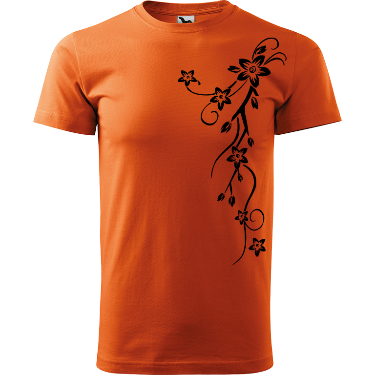 Ručně malované pánské triko Heavy New - Květiny - Menší Velikost trička: XS, Barva trička: ORANŽOVÁ, Barva motivu: ČERNÁ