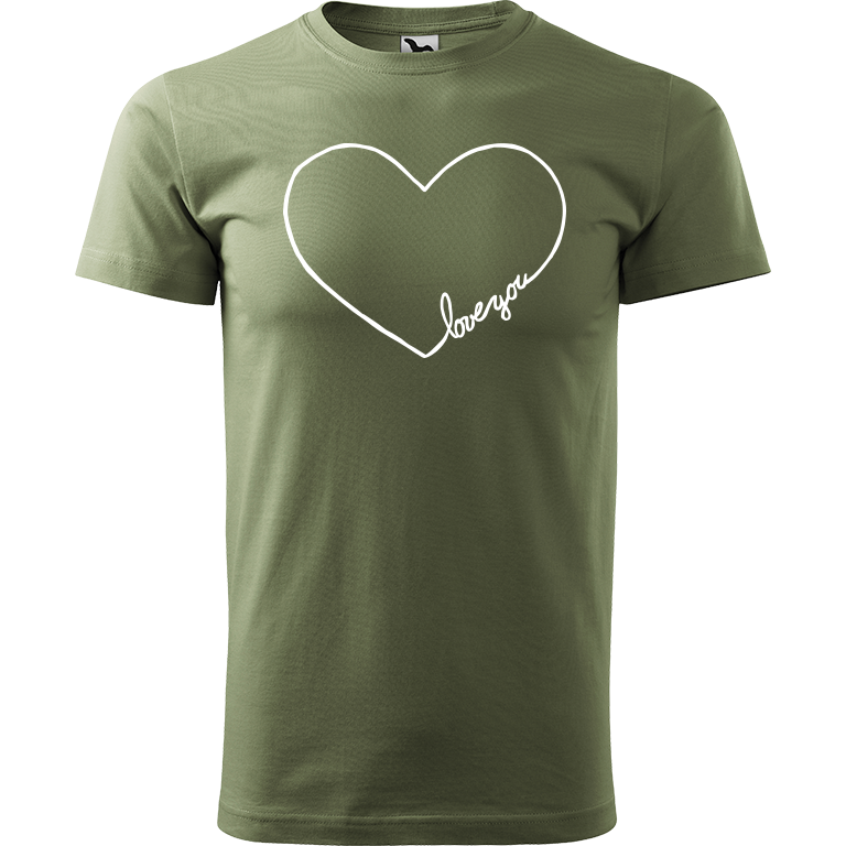Ručně malované pánské triko Heavy New - "Love You" srdce Velikost trička: XS, Barva trička: KHAKI, Barva motivu: BÍLÁ
