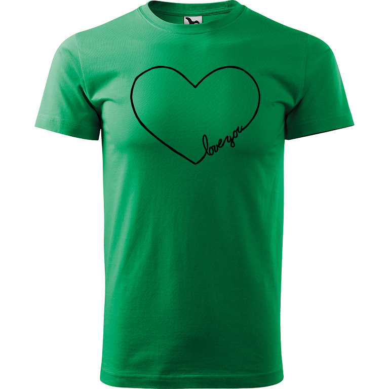 Ručně malované pánské triko Heavy New - "Love You" srdce Velikost trička: L, Barva trička: STŘEDNĚ ZELENÁ, Barva motivu: ČERNÁ