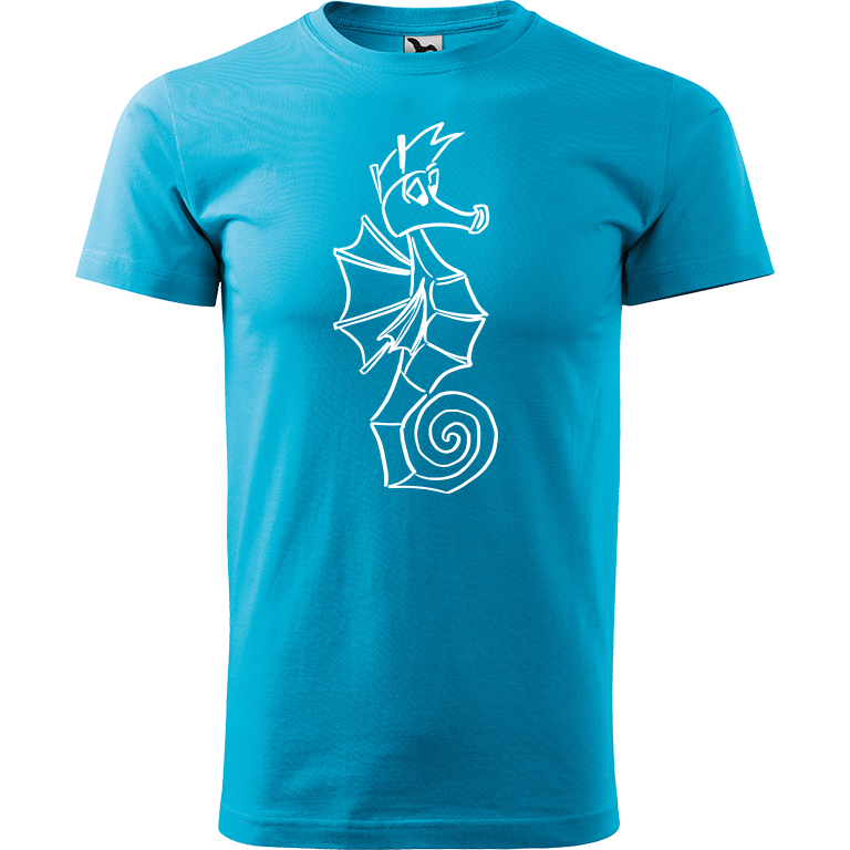 Ručně malované pánské triko Heavy New - Mořský koník Velikost trička: XS, Barva trička: TYRKYSOVÁ, Barva motivu: BÍLÁ