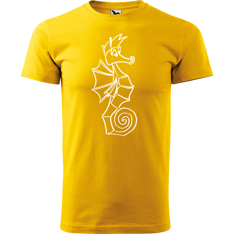Ručně malované pánské triko Heavy New - Mořský koník Velikost trička: XXL, Barva trička: ŽLUTÁ, Barva motivu: BÍLÁ