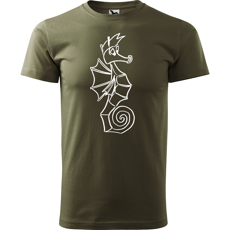 Ručně malované pánské triko Heavy New - Mořský koník Velikost trička: M, Barva trička: ARMY, Barva motivu: BÍLÁ