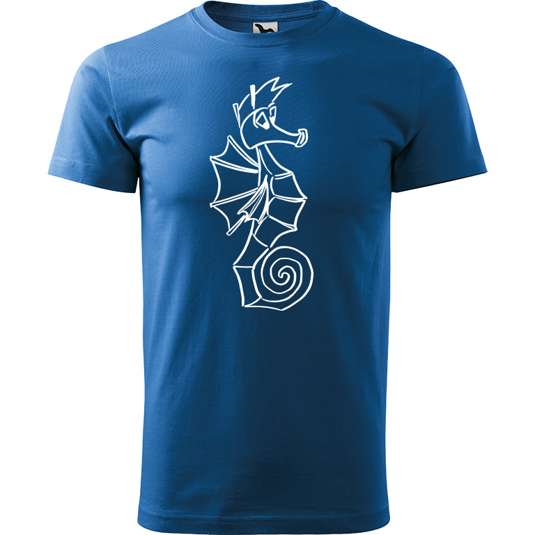 Ručně malované pánské triko Heavy New - Mořský koník Velikost trička: M, Barva trička: AZUROVÁ, Barva motivu: BÍLÁ