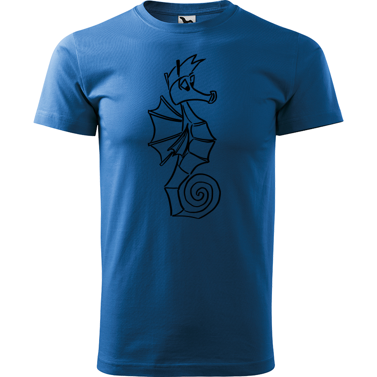 Ručně malované pánské triko Heavy New - Mořský koník Velikost trička: XXL, Barva trička: AZUROVÁ, Barva motivu: ČERNÁ