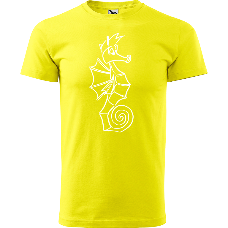 Ručně malované pánské triko Heavy New - Mořský koník Velikost trička: M, Barva trička: CITRONOVÁ, Barva motivu: BÍLÁ