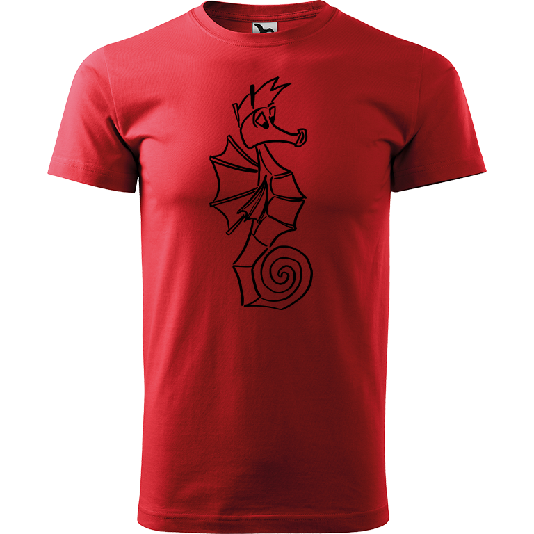 Ručně malované pánské triko Heavy New - Mořský koník Velikost trička: XS, Barva trička: ČERVENÁ, Barva motivu: ČERNÁ