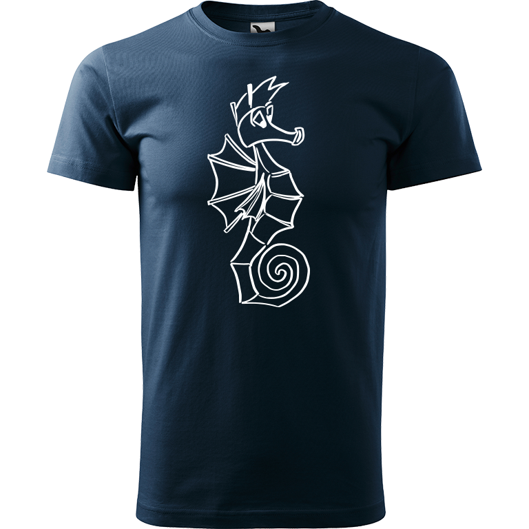 Ručně malované pánské triko Heavy New - Mořský koník Velikost trička: M, Barva trička: NÁMOŘNICKÁ MODRÁ, Barva motivu: BÍLÁ