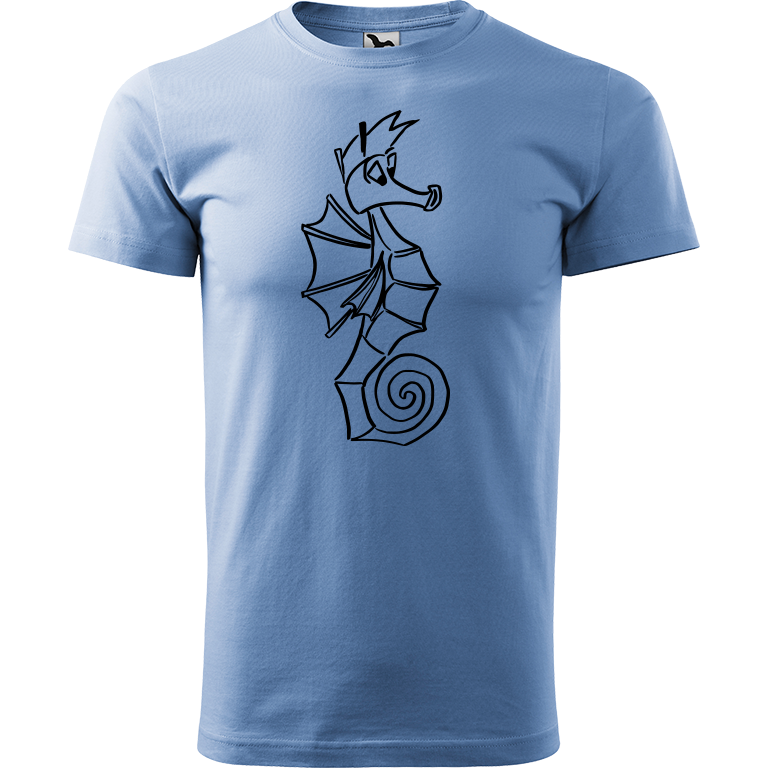 Ručně malované pánské triko Heavy New - Mořský koník Velikost trička: M, Barva trička: NEBESKY MODRÁ, Barva motivu: ČERNÁ