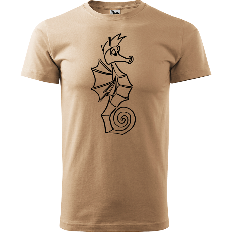 Ručně malované pánské triko Heavy New - Mořský koník Velikost trička: XS, Barva trička: PÍSKOVÁ, Barva motivu: ČERNÁ