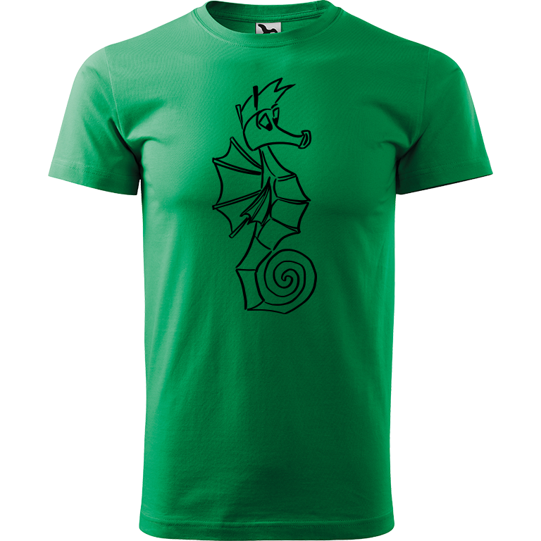 Ručně malované pánské triko Heavy New - Mořský koník Velikost trička: L, Barva trička: STŘEDNĚ ZELENÁ, Barva motivu: ČERNÁ