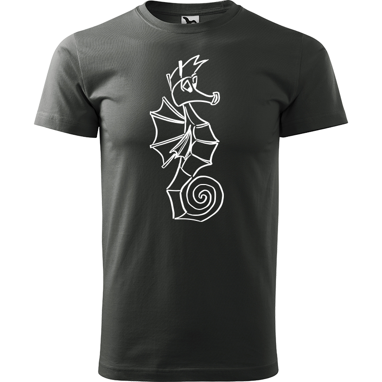 Ručně malované pánské triko Heavy New - Mořský koník Velikost trička: M, Barva trička: TMAVÁ BŘIDLICE, Barva motivu: BÍLÁ