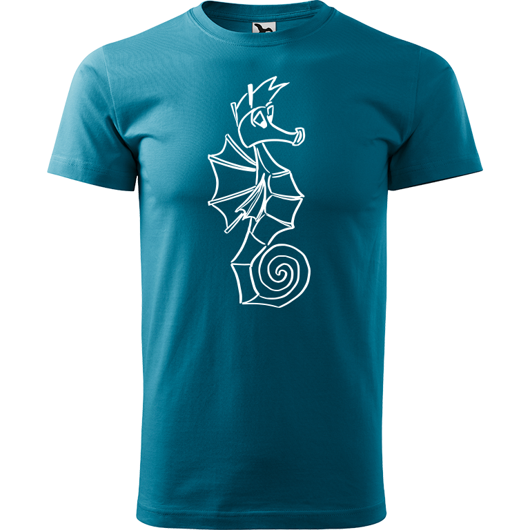 Ručně malované pánské triko Heavy New - Mořský koník Velikost trička: M, Barva trička: TMAVĚ TYRKYSOVÁ, Barva motivu: BÍLÁ
