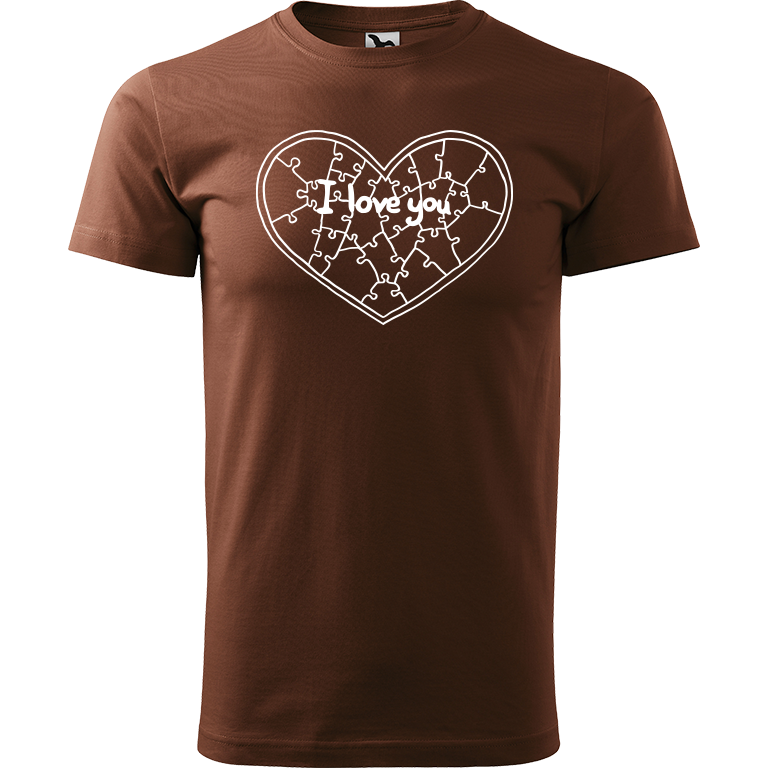 Ručně malované pánské triko Heavy New - Puzzle srdce Velikost trička: S, Barva trička: ČOKOLÁDOVÁ, Barva motivu: BÍLÁ
