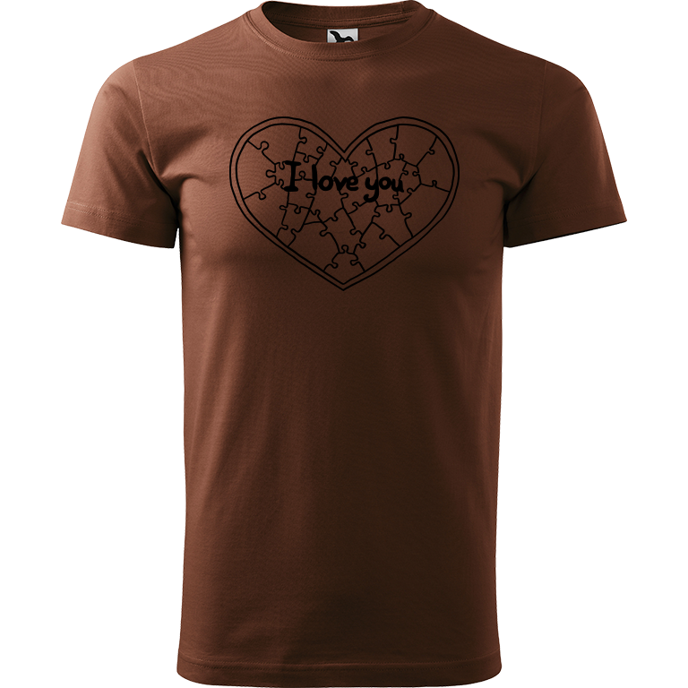Ručně malované pánské triko Heavy New - Puzzle srdce Velikost trička: S, Barva trička: ČOKOLÁDOVÁ, Barva motivu: ČERNÁ