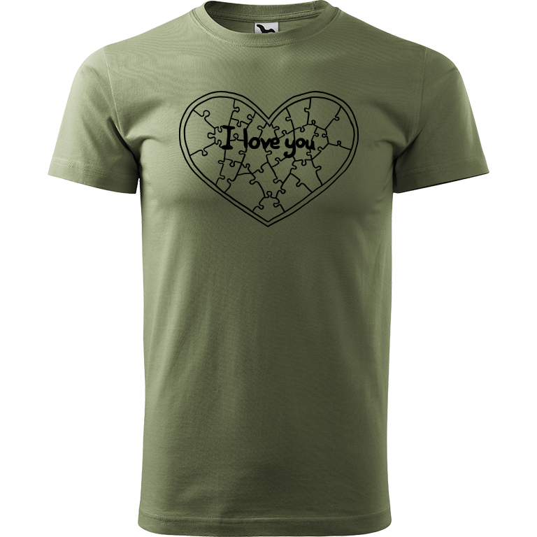 Ručně malované pánské triko Heavy New - Puzzle srdce Velikost trička: XS, Barva trička: KHAKI, Barva motivu: ČERNÁ